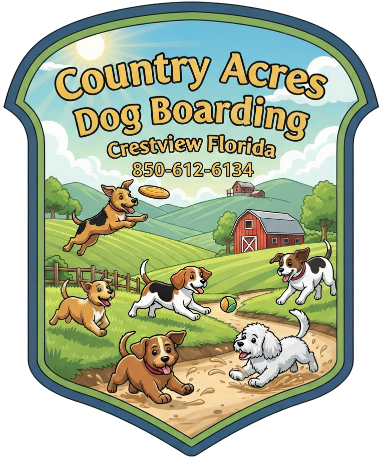 Country Acres Dog Boarding logo with happy dogs playing outdoors.